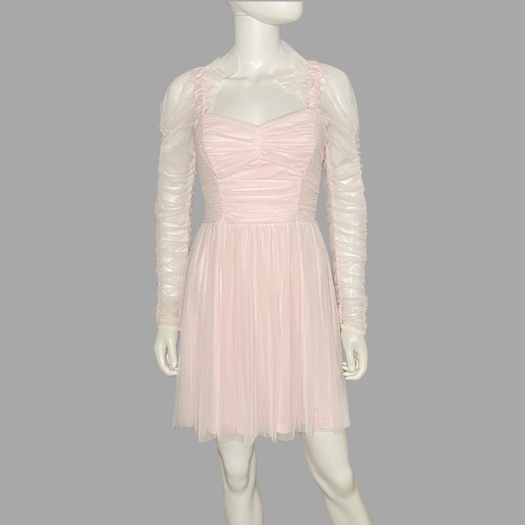 French Connection Mauve Edrea Long Sleeve Ruched Babydoll‎ Tulle Dress - Picture 1 of 5